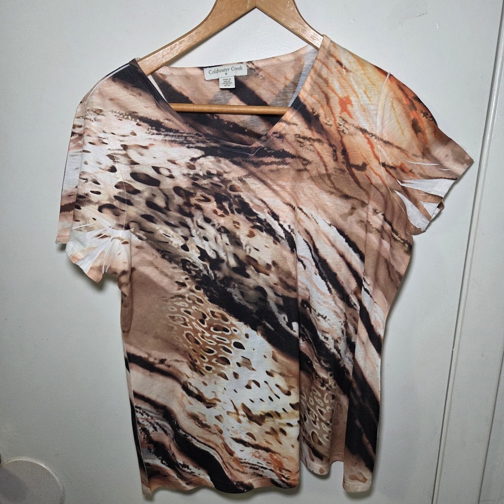 Animal‎ Print Abstract V-Neck Top Women's Medium 10/12 Brown Tan Boho Casual